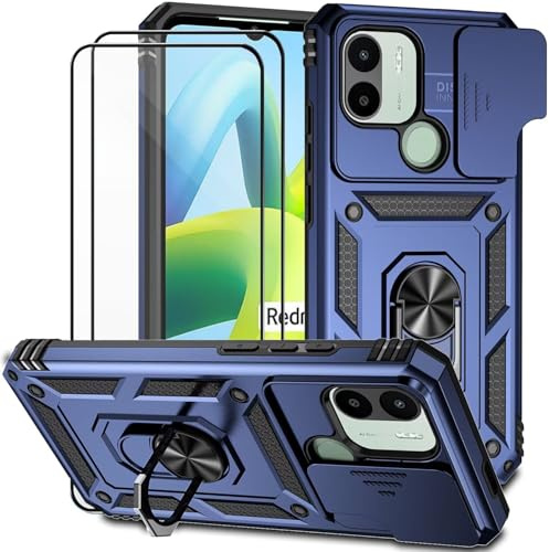 Dechyi für Xiaomi Redmi A1+/Redmi A1 Hülle mit Panzerglas Schutzfolie Schutzhülle mit Kameraschieber Case 360° Drehbarer Militä Ständer Stoßfest Cover-Blau