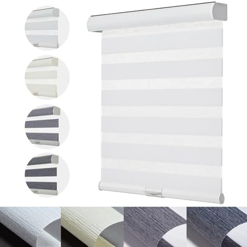 Persilux Cordless Zebra Blinds for Windows with Jacquard Pattern Roller Shades Room Darkening Sheer Window Shades for Home, Office and French Door (27 W x 72 H, White)