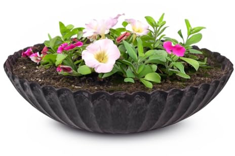 matches21 Pot de fleurs rond pour l'extérieur, 28 cm, noir, strié, pour jardin, balcon ou cimetière