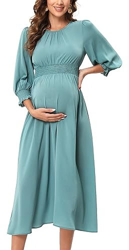 KOJOOIN Damen Umstandskleid Langarm Schwangerschafts Kleid für Schwangere mit Rundhalsausschnitt und Rüschen Grün-Langarm M