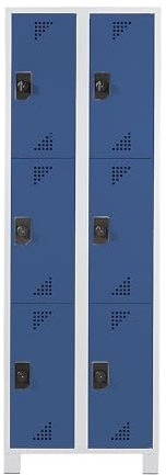 eurokraft | 3er-Schließfachschrank Bremen | 2 Abteile | lichtgrau/brillantblau | Breite 600 mm | 6 Fächer