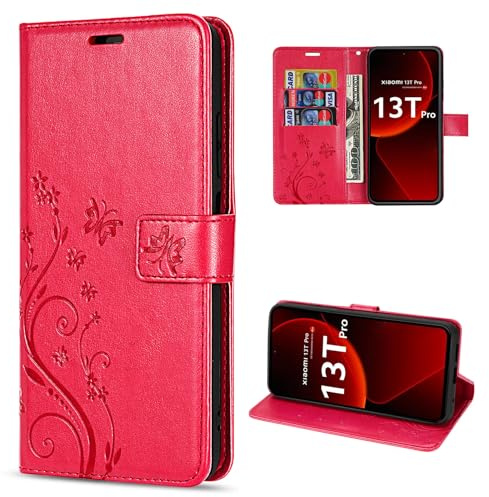betterfon Hülle Kompatibel mit Xiaomi 13T / 13T Pro | Premium PU Leder Handyhülle Wallet Case für 13T / 13T Pro | Schutzhülle Blumen Klapphülle Handyhülle | Rot