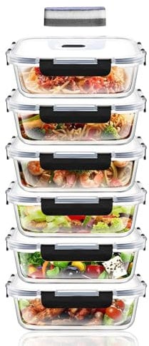 Glass Food Storage Container Set, Transparent Containers With Airtight Lids Containers, BPA Free, Meal Prep Containers, Reusable Glass Container, Set of 6, 370 ml Each, 1 Cleaning Sponges