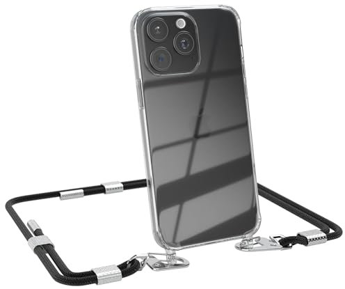 EAZY CASE - Handykette mit Karabiner kompatibel mit iPhone 15 Pro Max - Hülle Silikon transparente Handyhülle für iPhone 15 Pro Max Kette zum Umhängen Schutzhülle in Schwarz - Clips Gold