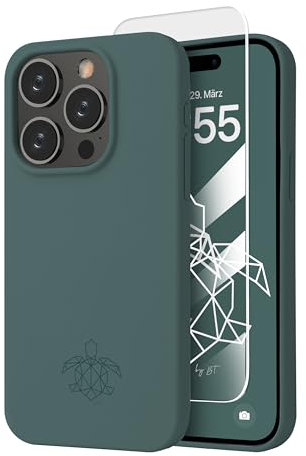 turtleandcase Silikonhülle für iPhone 15 Pro (6,1) - Liquid Silicone Case - Kostenloses Panzerglas - Hochwertiges Silikon - Mikrofaserfutter Rundumschutz Schutzcase (Piniengrün)