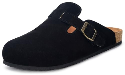 Zuecos y Mules para Hombre Mujer Pantuflas de Piel con Corcho Cerradas Zapatillas de Jardín Sandalias con Hebilla Ajustables Cómoda Negro 38