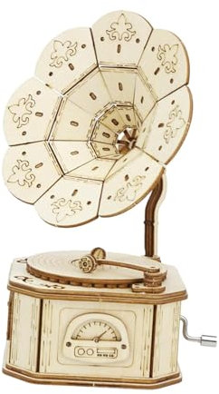 Harilla Puzzle 3D en bois Gramophone, Kits de construction mécanique, ornement rétro, artisanat, lecteur de disque, manivelle, boîte à musique pour enfants et, D