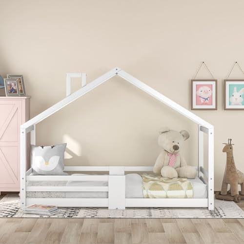 MQGPM Kinderbett Hausbett 90 x 200cm mit Rausfallschutz und Schornstein, Montessori Bodenbett für Kinderzimmer aus Kiefernholz, Bett mit Lattenrost für Jungen & Mädchen, Weiß