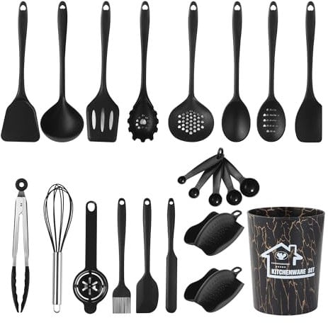 22 Piezas Utensilios Cocina de Silicona,Utensilios de Cocina de Silicona,con Cubo de Almacenamiento, Sartén Antiadherente Saludable, Apta para Lavavajillas (Negro)