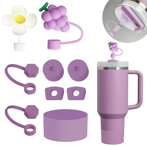 FOSFUKEER Stanley Cup-Zubehörset, enthält 6 auslaufsichere Silikonstopfen,2 Stück Strohdeckel, 1 Silikonhülle für Stanley Cup 1,2 l- und 850 ml-Becher,Cups nicht enthalten(Lila)