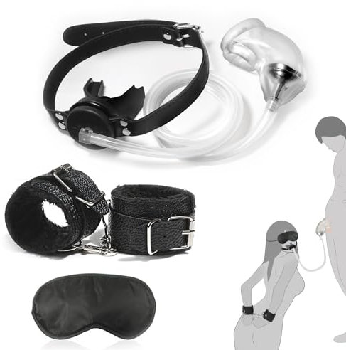 Urinal Piss Trichter Ball Gag Mundknebel mit Urin Katheter Penishülle,Fetisch Knebel Mund Extrem,Bondage Fesseln Handschellen,Augenmaske Schwarz,BDSMs Spielzeug (Schwarz Gag + Transparent Sleeve)