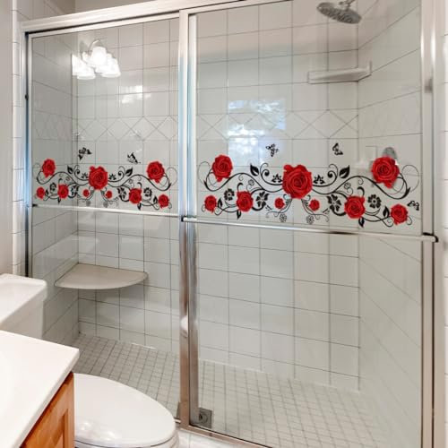 HGDESIGN® Wandtattoo Wandaufkleber Glassaufkleber Spiegelaufkleber Rot Rosen Blumenranke Beideseite sichtbar Wohnzimmer Schlafzimmer Badzimmer Wandsticker Wandbild Wanddeko Selbstklebend (A)