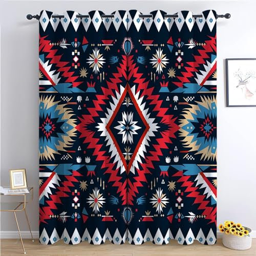 Verdunklungsvorhänge Gardinen mit Ösen Blickdichte Vorhänge Lärmschutzvorhang für Kinderzimmer Gardinen mit Farbenfrohes traditionelles indisches Motiv Muster, 160 x 70 cm, Aztekische Kunst 2er Set