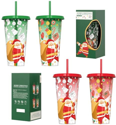 Colour Changing Cup 4 Pcs Plastic Christmas Cups Reusable Travel Tumblers with Lids and Straws Iced Coffee Cup Cold Water Drink Change Cups, 710ml