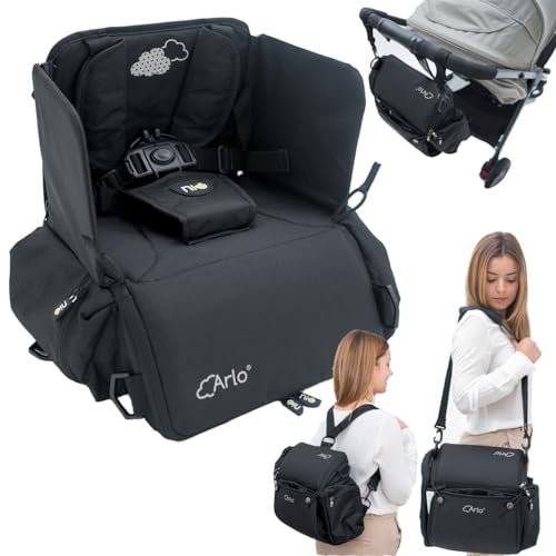 Olmitos - Asiento Elevador Arlo de NIU, ultra ligero multifunción – Bolso para Silla de pasaeo - Mochila de viaje - Elevador con cambiador y bolsillo térmico (Negro)