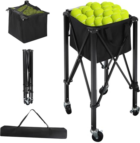 campMax Tennis Balls Hopper Tennis Ball Basket with Side Pockets,Portable Sports Removable Teaching Cart with Wheels,Blue