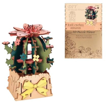 Metalakaer 3D Puzzle DIY HöLzerne Blume, Sphärischer Kaktus KüNstliche Blumen Modell Kits Zusammengebaut Werden, Home DéCor und Valentine Geschenk (73 PCS)