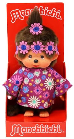Sekiguchi 252893 - Original Monchhichi Fille Flower Power en Violet et Bleu, Animal en Peluche Brun d'environ 20 cm