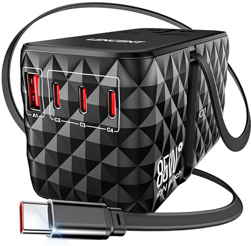 LENCENT 85W GaN Adattatore Universale da Viaggio con USB-C Retrattile, Presa Internazionale con 1 USB-A e 3 Tipo-C Ricarica Rapida, Spina Mondiale per IT a EU UK USA AUS