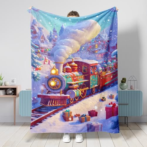 Coperta colorata con treno natalizio rosso, stile vintage, coperta in morbido pile per divano, viaggi, picnic, decorazione per la stagione invernale, 101 x 127 cm