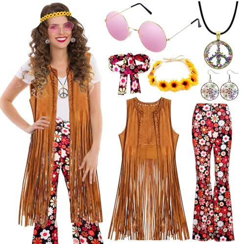 ATOWORLD Hippie Kostüm Damen mit Fransen Weste Hose und Zubehör - Boho 60er 70er Bekleidung Disco Outfit für Karneval Flower Power Cowgirl Fasching