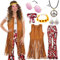 ATOWORLD Hippie Kostüm Damen Set mit Fransen Weste Hose und Hippie Kleidung Damen Zubehör Boho 60er 70er Hippie Bekleidung Damen Disco Outfit Karneval Flower Power Cowgirl Kostüm Damen für FaschingXL