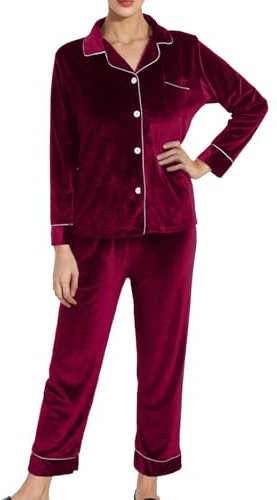Pigiama invernale da donna, in pile, morbido, caldo, per il tempo libero, vino, 3XL