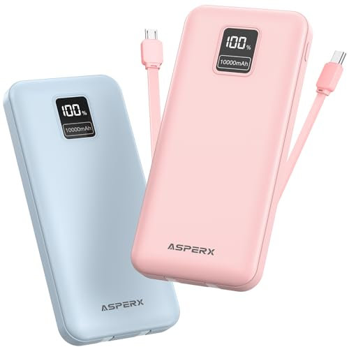 AsperX 2-Pack 10000mAh Power Bank Fast Charging, Portable Charger with Built in Cables USB C Input and Output, Battery Pack LED Display Compatible with iPhone, Samsung, iPad, Tablets, Android, etc.