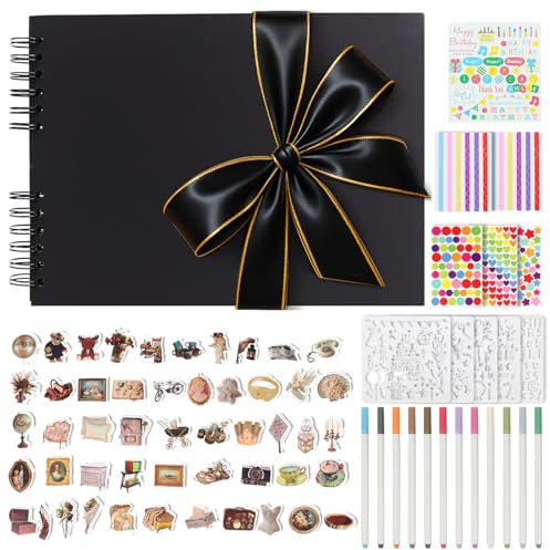 DazSpirit Fotoalbum zum Selbstgestalten mit Goldbesetztes Satinband, 80 Schwarze Seiten inkl. 12 Metallic-Stiften, 11 Aufklebe, Gästebuch für Geburtstag & Hochzeit (Schwarz)