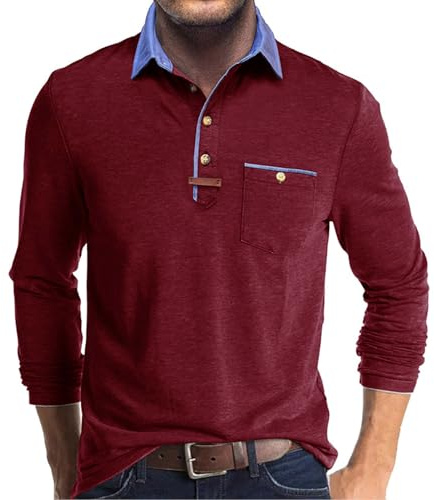 Volemo Mens Long Sleeve Polo Shirts Casual Smart Tops | Chest Pocket, Leather Patch, Contrast Collar, Soft Breathable, Regular Fit, Office Weekend Daily, Autumn Winter Layering