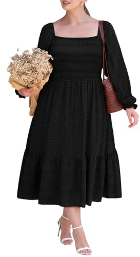 RITERA Herbstkleider in Übergröße für kurvige Frauen, Maxi-Hochzeitsgäste, langärmelig, gesmokt, schweizer Punkt, Winterkleid, Taschen, XL-5XL