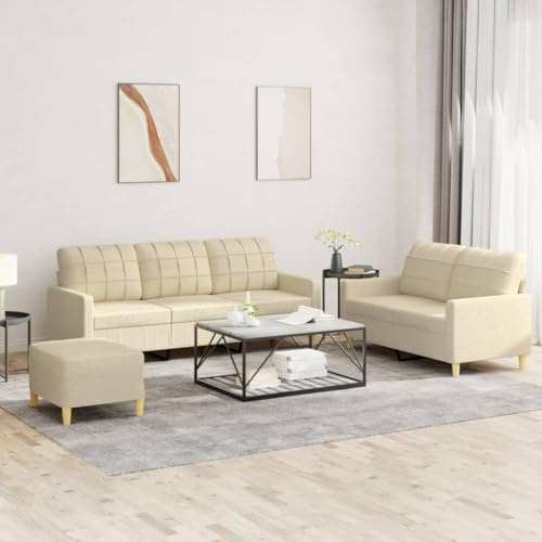 WEMYUFURN 3-teilige Sofagarnitur mit Hocker aus strapazierfähigem Stoff und robustem Metallgestell für Wohnzimmer, atmungsaktiv und langlebig mit dick gepolsterten Sitzflächen