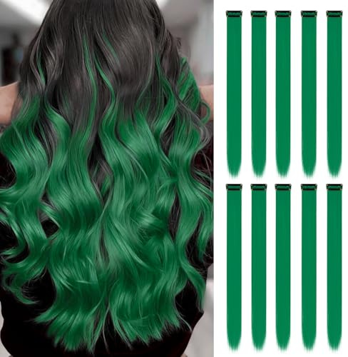 10-pack Mörkgröna Hårförlängningar | 22 Clip-In Extensions | Långa, Räta, Syntetiska Hårdelar för Barn och Kvinnor, Perfekt för Vardag, Fest, Jul