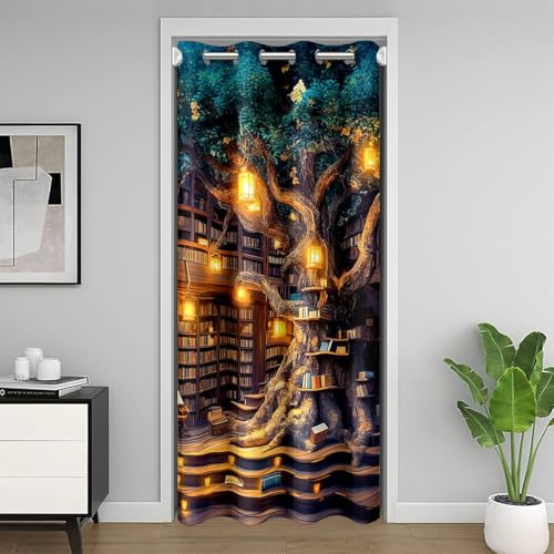 Manfei Geheimnisvolles Bücherregal Tür Vorhang (1 Panel),Bäume und Bücher Tür Privatsphäre Vorhang für Schlafzimmer Küche Dekor,Fantasy Märchenstil Schrankvorhang, H203 x B132 cm