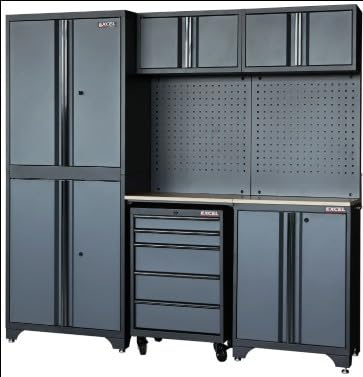 Excel 77” 7 Piece Garage Storage Cabinet System with Worktop – Heavy Duty Steel Garage Storage Units for Workshop, Utility & Tool Organisation
