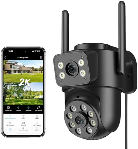 Reobiux 2K Telecamera Wi-Fi Esterno con Doppia Lente, 360° PTZ 2,4/5GHz Videocamera Sorveglianza Esterno, Colori Visione Notturna, Tracciamento Automatico del Movimento, Registrazione 24/7, IP66