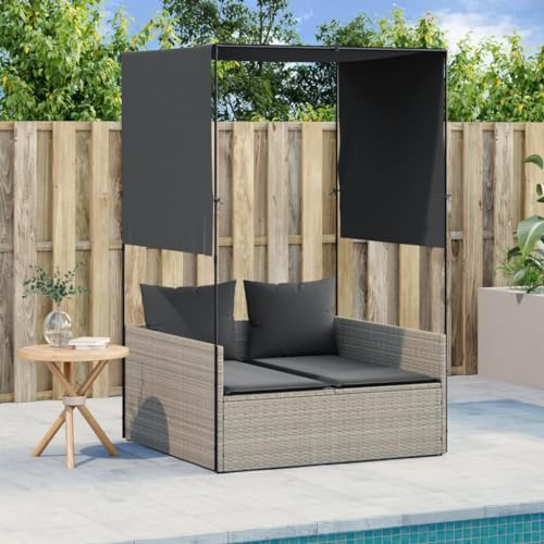 Frdhee Saunaliege, Doppel-Sonnenliege mit Dach und Vorhängen Hellgrau Poly Rattan Sonnenliege Mit Auflage für Balkon, Terrasse, Camping