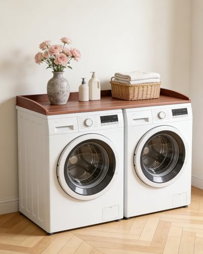 Arbeitsplatte für Waschmaschine und Trockner, waschmaschinenauflage holz, Waschmaschinenregal mit Sicherheitsleiste, Abdeckung Waschmaschine Holz, waschmaschinenabdeckung Organisation