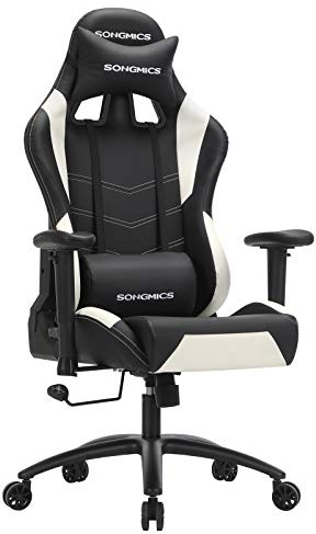 SONGMICS Gaming Stuhl, höhenverstellbarer Bürostuhl, Schreibtischstuhl mit Kopfstütze und Lendenkissen, 2D Armlehnen, Wippfunktion, 135 Grad Neigungswinkel, Kunstleder, schwarz-weiß RCG12W