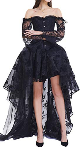 EUDOLAH Women's Gothic Steampunk Steel Boned Corset Dress Skirt Set Costume (UK 8-10 (M), Black)