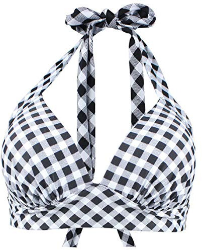 Viloree Women's Triangle Bikini Top Halter Neck Padded Non-wiBlack Plus Size Black & White Check 2XL