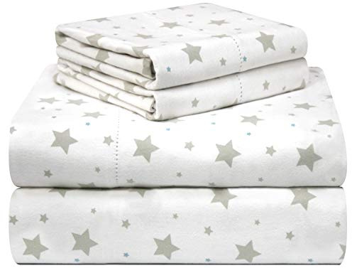 Pointehaven Bedding 4 Pieces King Flannel Sheet Set-180 GSM 100% Cotton- Pre-Shrunk & Deep Pockets- Easy Fit Elastic All Around-Comfy Double Brushed- Bed Sheets Sets (King, Stars)