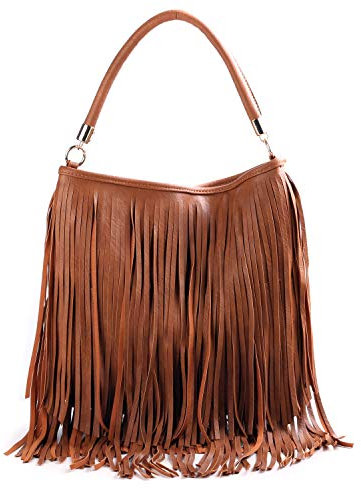 WEDMAY Damen-Schultertasche mit Quasten, Cowgirl, Fransen, Designer-Boutique, weiches Kunstleder, Stil 1 - Braun, Large