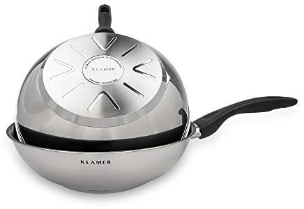 KLAMER Edelstahl Wokpfanne Induktion 28 cm, hochwertige Profi Edelstahlpfanne, Induktionspfanne antihaftbeschichtet, backofenfest & spülmaschinengeeignet