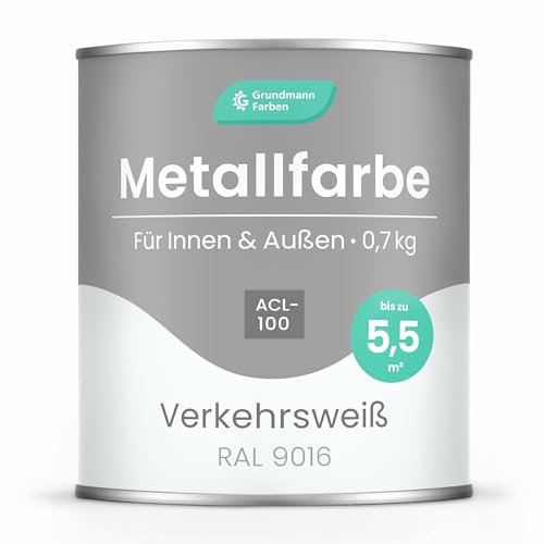 Grundmann Metallfarbe ACL 100 - Weiss 0,7 Kg - Seidenmatt - 4in1 Metallschutzlack inkl. Rostschutz und Grundierung - RAL 9016 Verkehrsweiß
