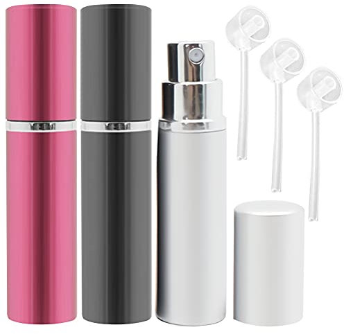 ZHIYE Perfume Atomiser Spray Bottle, 3 Pieces Refillable Refilling Travel Size Perfume Bottles in Pocket & Handbag Black & Pink & Silver (10ML 6 Piece Set)