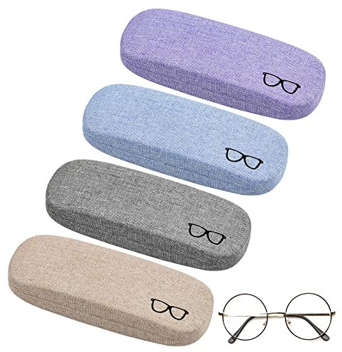 KINGOZOYI 4 Pezzi Custodia Occhiali Rigida da Sole, Astuccio Occhiali Rigido, Tessuto Esterno in Lino Viola, Grigio, Beige, Blu