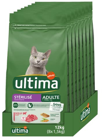 Ultima Stérilisé Adulte - Croquettes pour Chats - Bœuf - 8 x 1,5kg