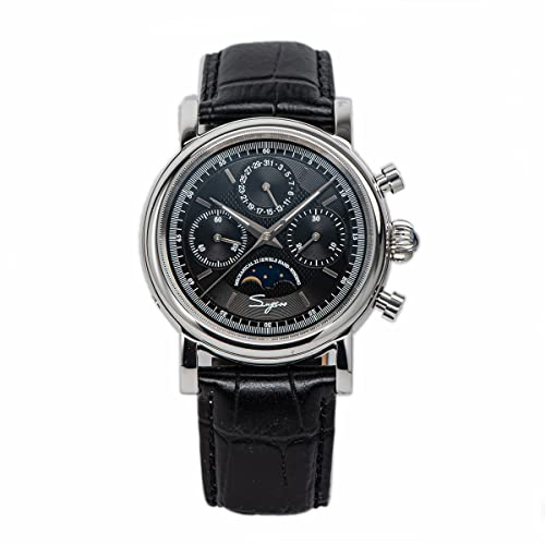 NC Sugess Mechanische Herrenuhr Möwe Uhrwerk ST1908 Chronograph Vintage Mondphase Armbanduhr Lederband Wasserdicht 50ATM (Black)