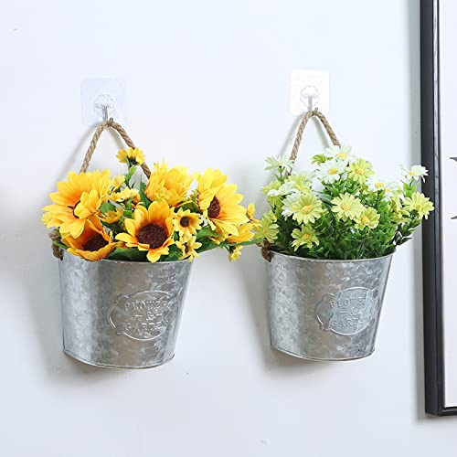 ZYLLZY Metall-Blumentöpfe zum Aufhängen, Vintage-Stil, halbrund, Wandbehang, Pflanzgefäße, Hängeeimer mit Griff, für Zuhause, Garten, Balkon, Dekoration, Silber, 2 Stück
